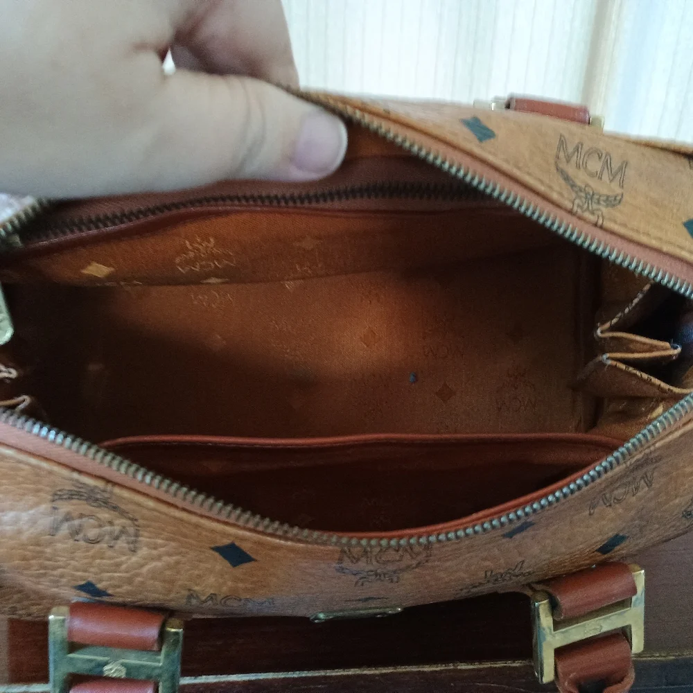 MCM Cognac Brown Monogram Handbag with Black Diamond Motif and Gold Hardware